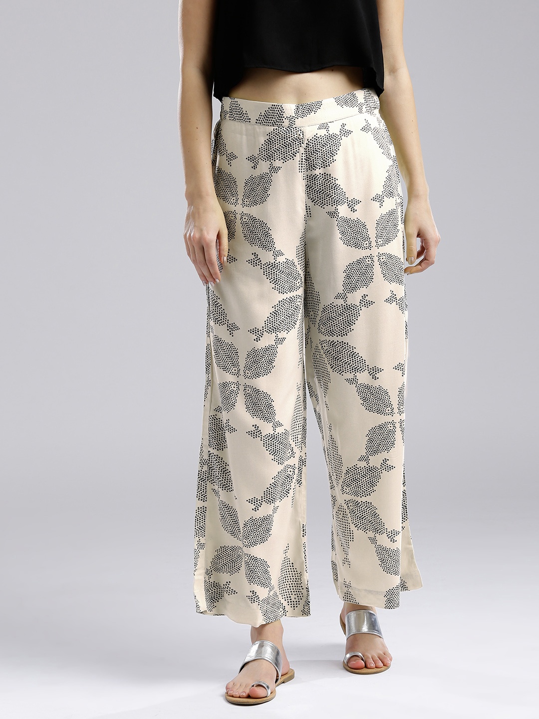 

W Women Off-White & Charcoal Grey Printed Wide Leg Palazzos