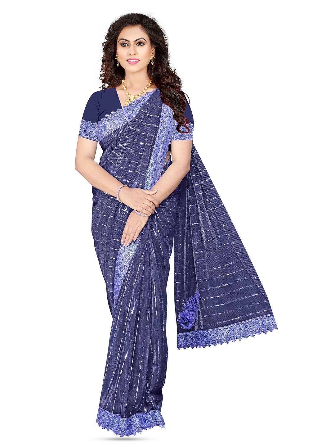 

AVIMOZ Striped Embellished Beads and Stones Saree, Blue