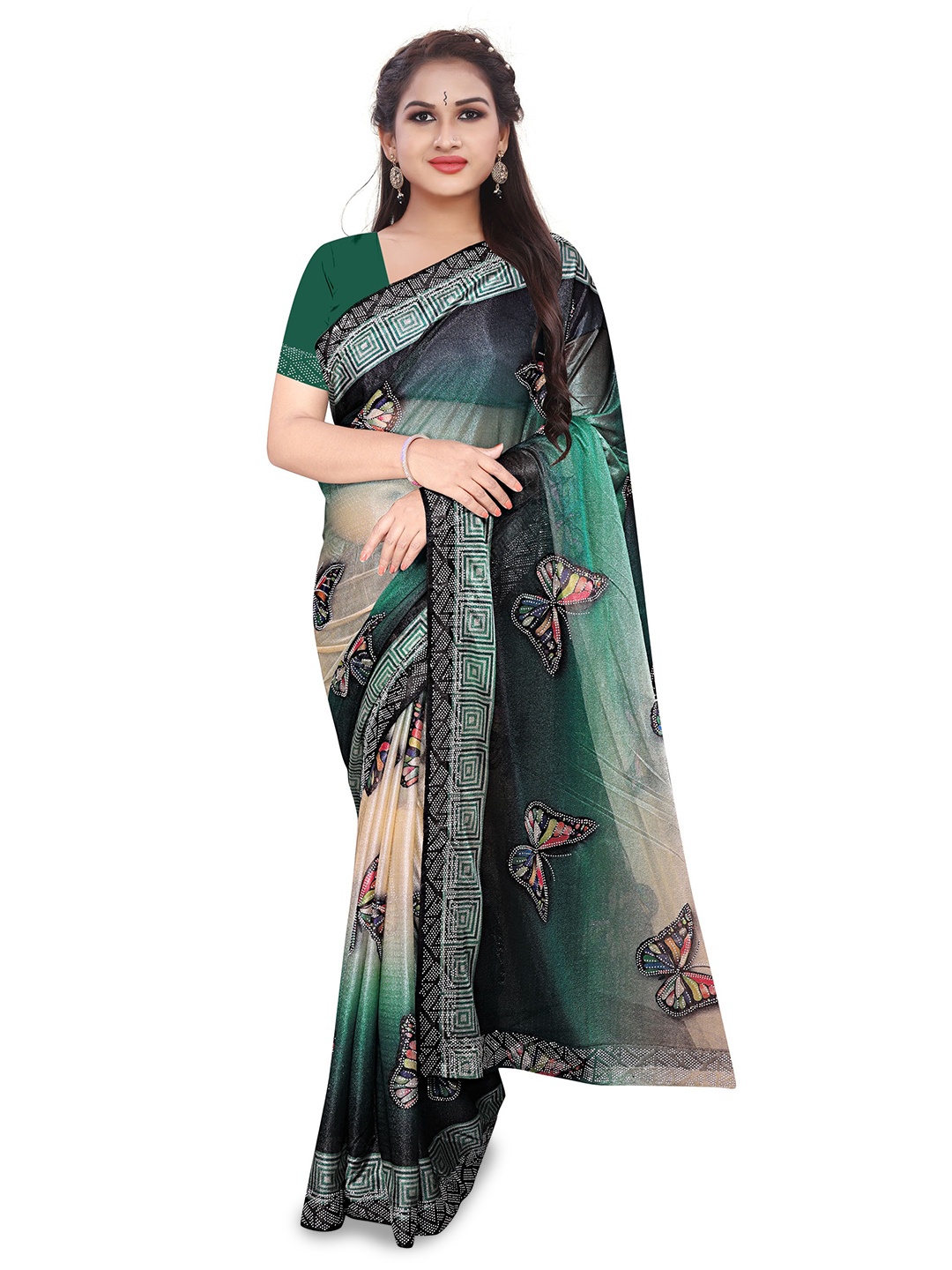 

AVIMOZ Abstract Embellished Beads and Stones Saree, Teal