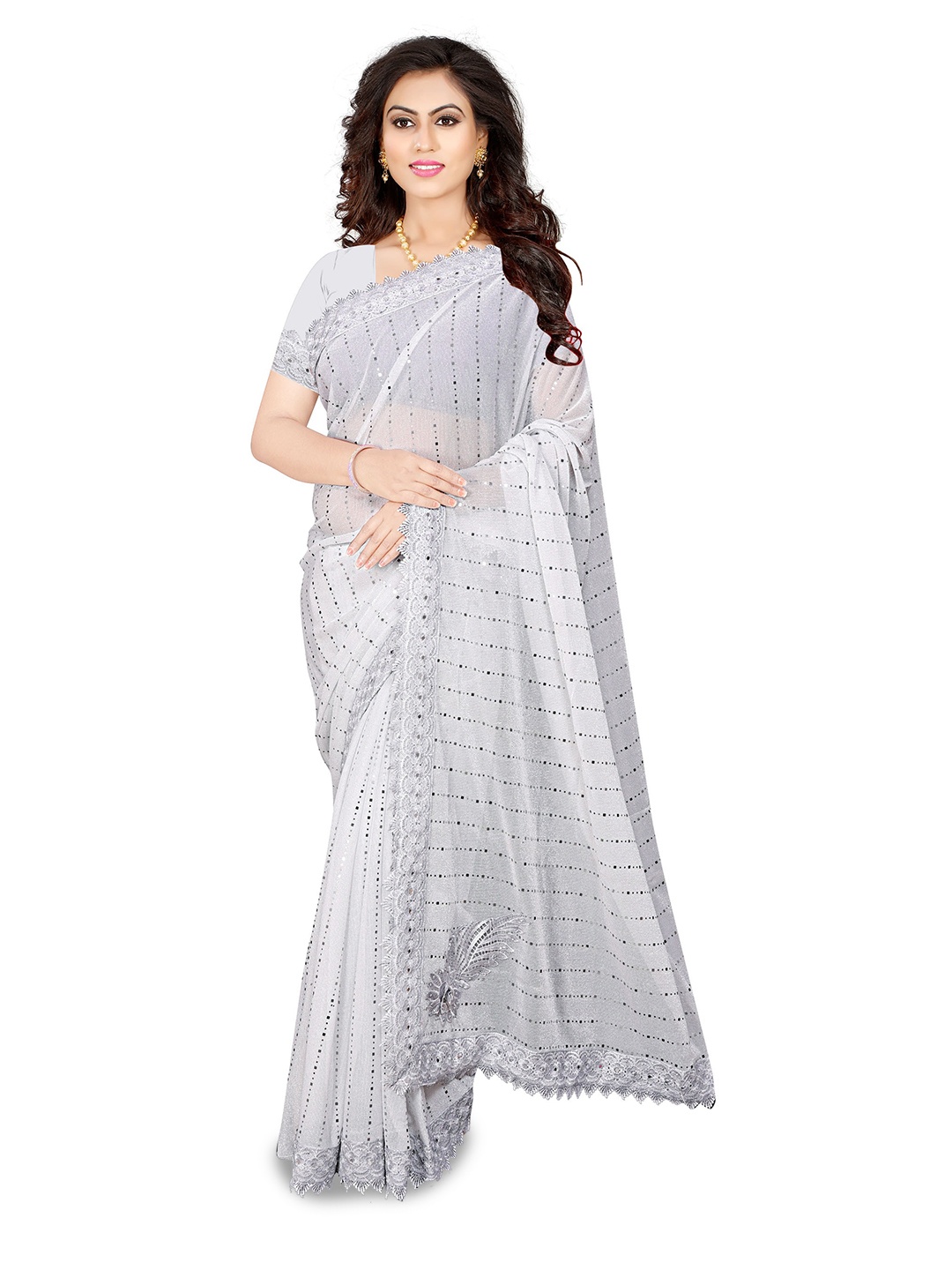 

AVIMOZ Striped Embellished Beads and Stones Saree, White