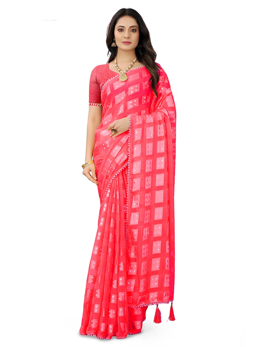 

AVIMOZ Embellished Woven Design Pure Silk Saree, Pink