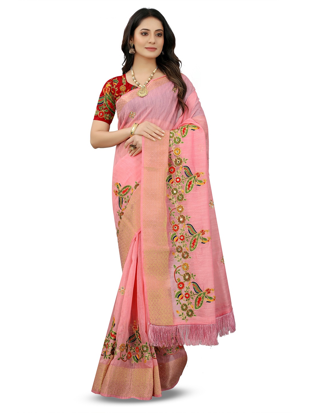 

AVIMOZ Embellished Woven Design Zari Saree, Pink