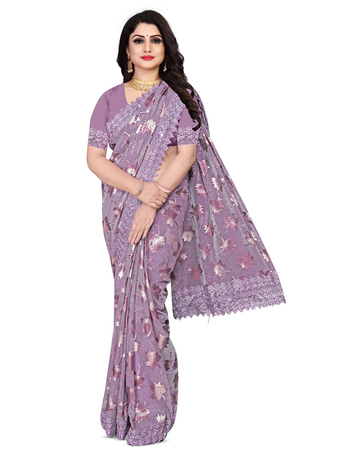 

AVIMOZ Floral Printed Mirror Work Saree, Purple