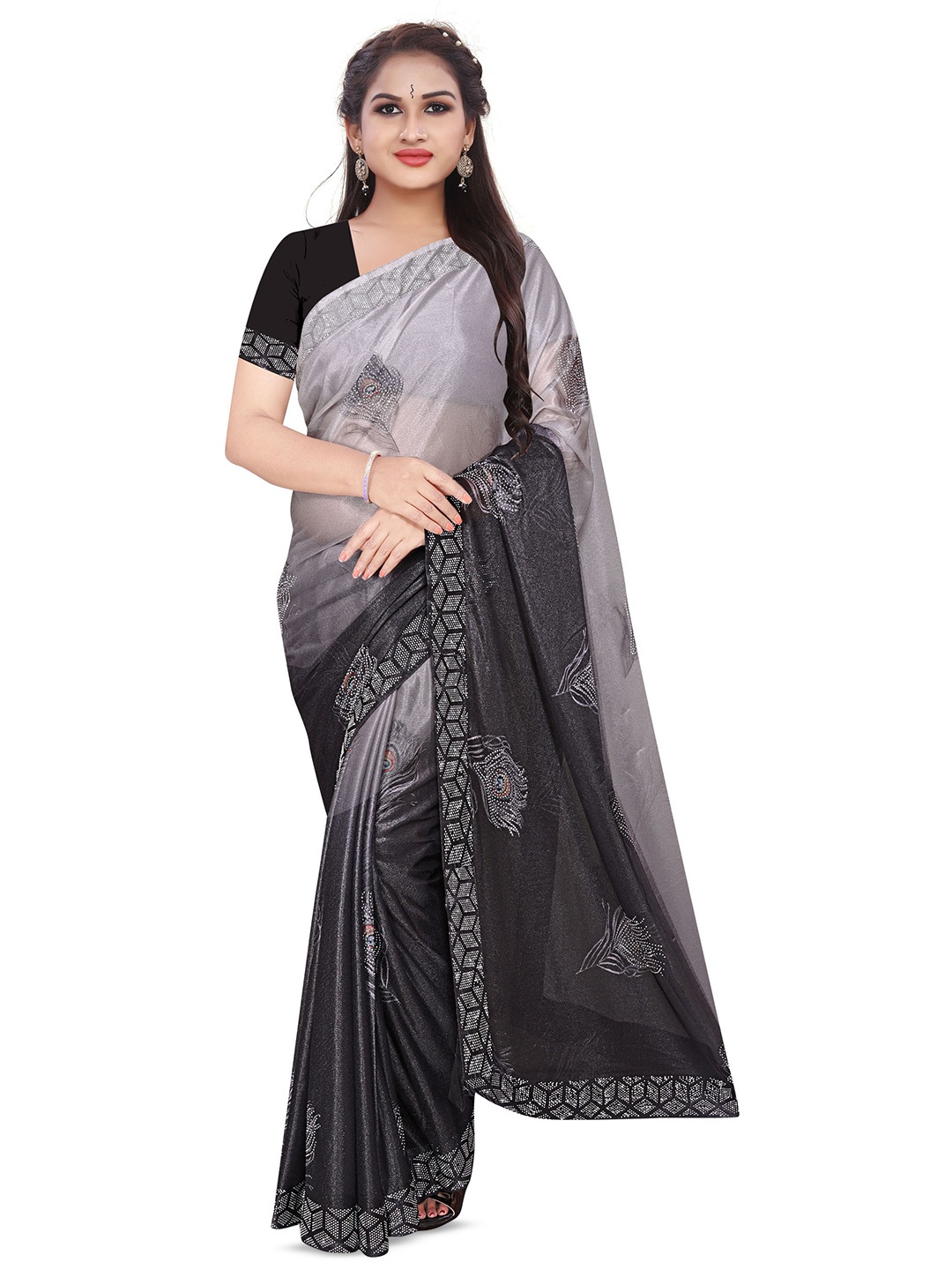 

AVIMOZ Ethnic Motifs Printed Beads & Stones Saree, Black