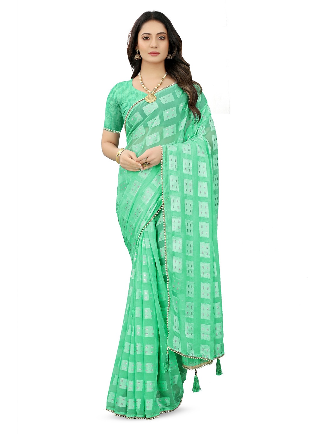 

AVIMOZ Geometric Woven Design Beads & Stones Pure Silk Saree, Sea green