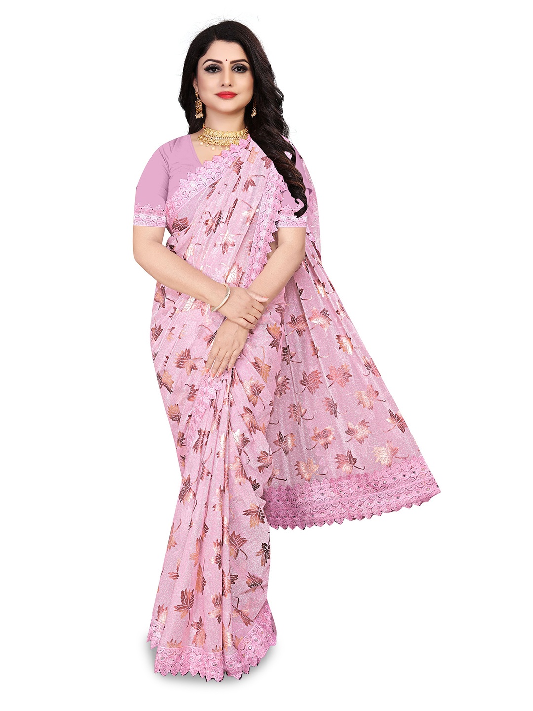 

AVIMOZ Floral Embellished Saree, Pink