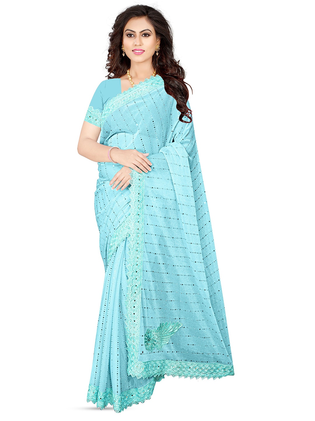 

AVIMOZ Striped Sequinned Saree, Sea green