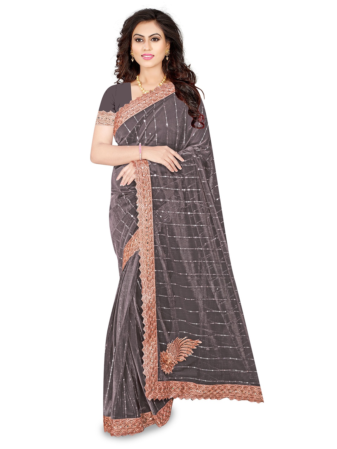 

AVIMOZ Striped Beads and Stones Saree, Brown