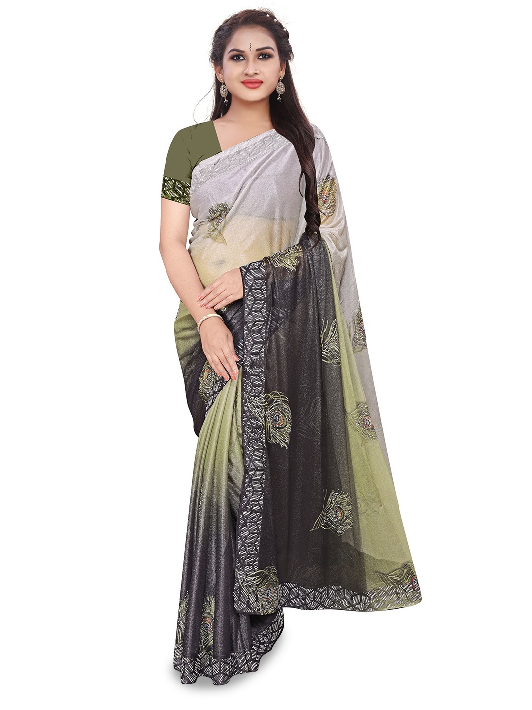 

AVIMOZ Ethnic Motifs Embellished Beads and Stones Saree, Green