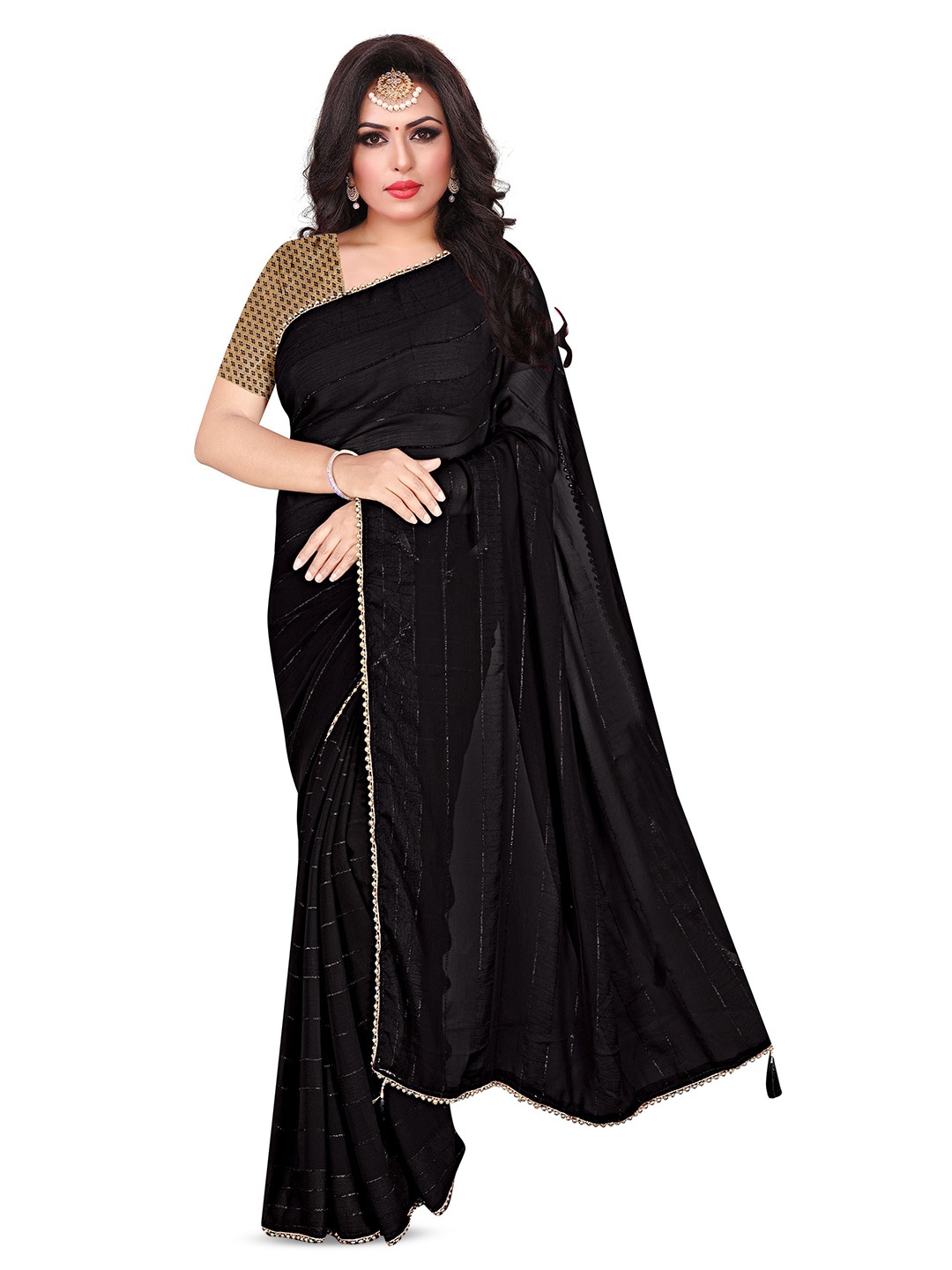 

AVIMOZ Striped Embellished Beads and Stones Pure Silk Saree, Black