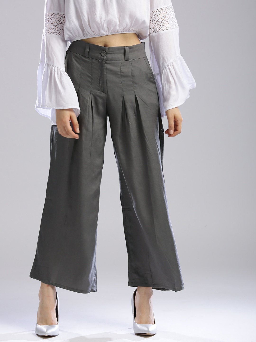 

W Women Grey Regular Fit Solid Parallel Trousers