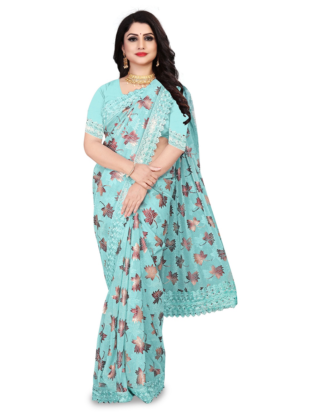 

AVIMOZ Floral Printed Saree, Turquoise blue
