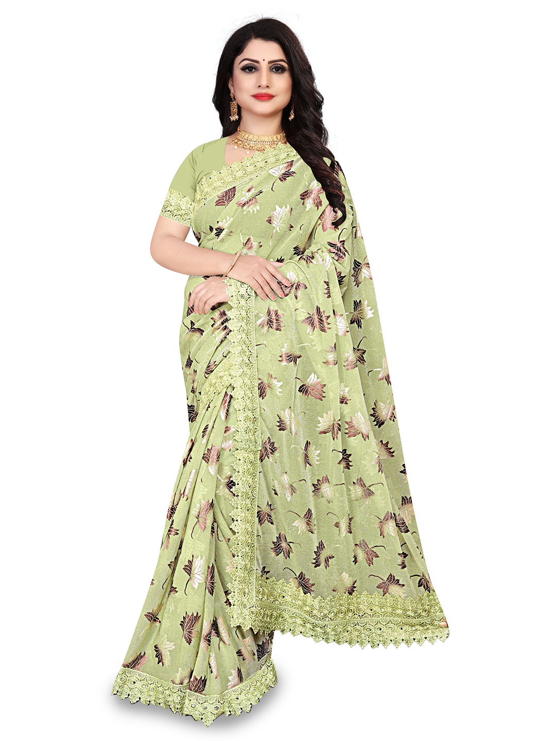 

AVIMOZ Floral Embellished Embroidered Saree, Green