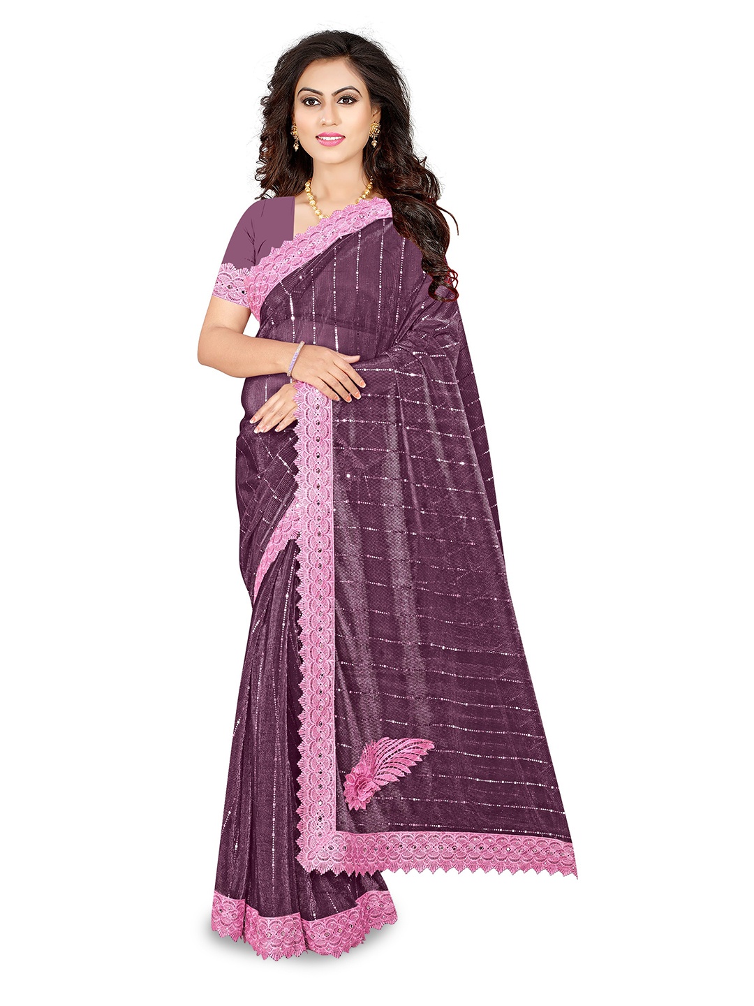 

AVIMOZ Embellished Beads & Stones Saree, Purple