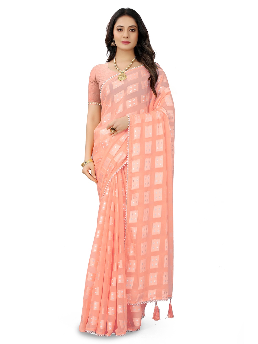 

AVIMOZ Geometric Woven Design Embellished Border Pure Silk Saree, Nude