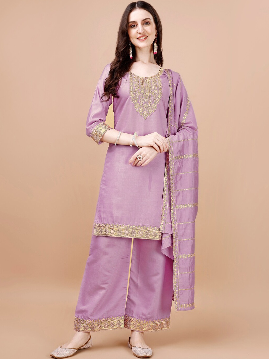 

KALINI Ethnic Motifs Yoke Design Thread Work Kurta with Palazzos & Dupatta, Purple