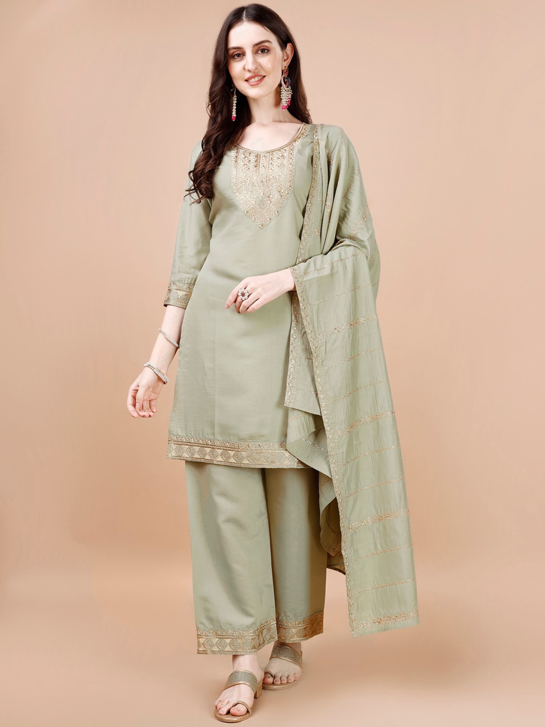 

KALINI Ethnic Motifs Yoke Design Thread Work Kurta with Palazzos & Dupatta, Green