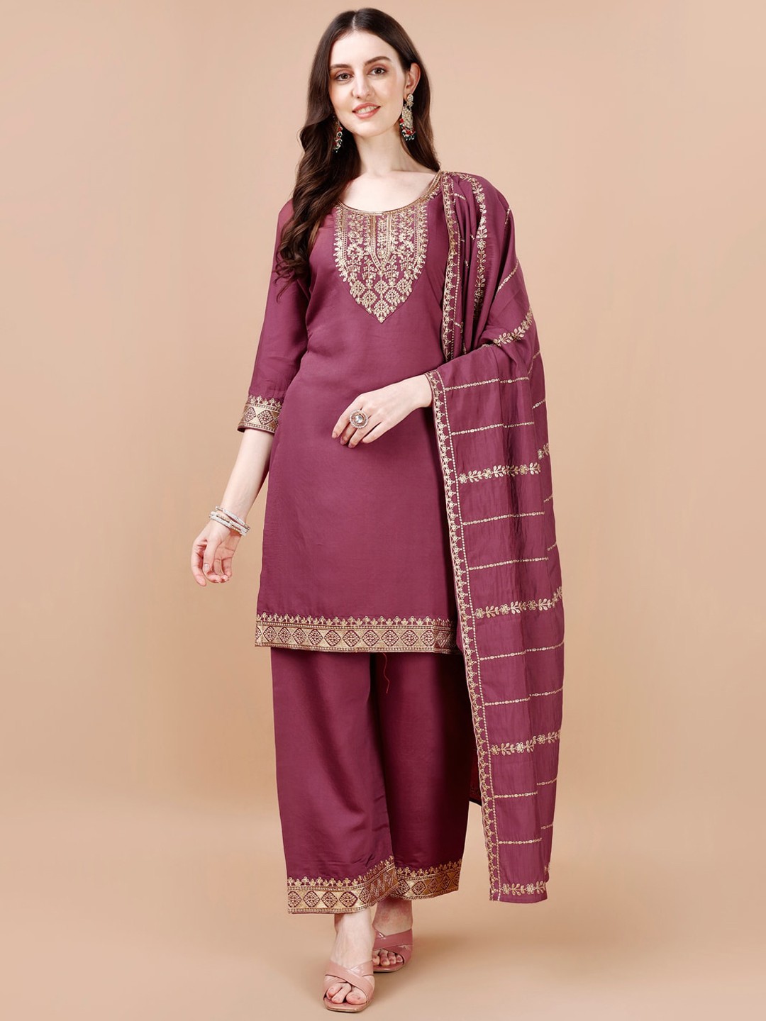 

KALINI Ethnic Motifs Yoke Design Thread Work Kurta with Palazzos & Dupatta, Maroon