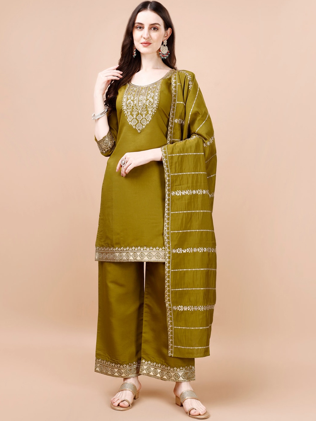 

KALINI Ethnic Motifs Yoke Design Kurta & Palazzos With Dupatta, Olive