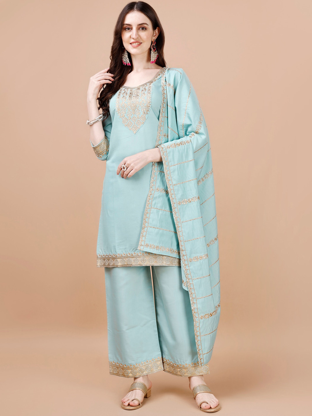 

KALINI Ethnic Motifs Yoke Design Thread Work Kurta & Palazzos With Dupatta, Blue