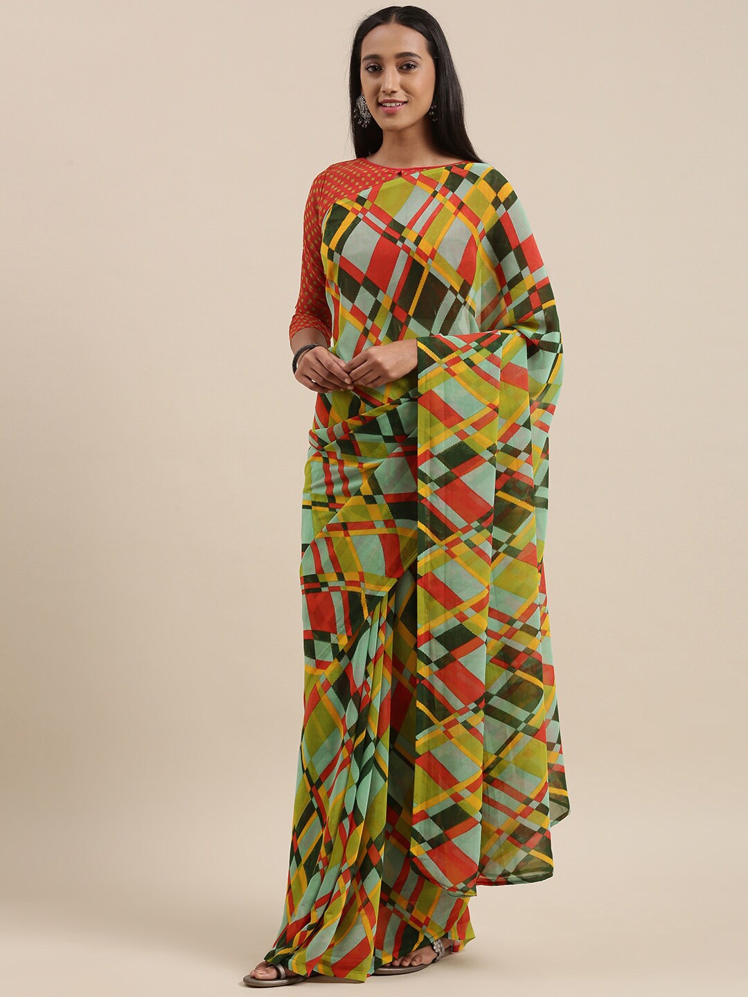 

HRITIKA Green and Blue Printed Geometric Sarees