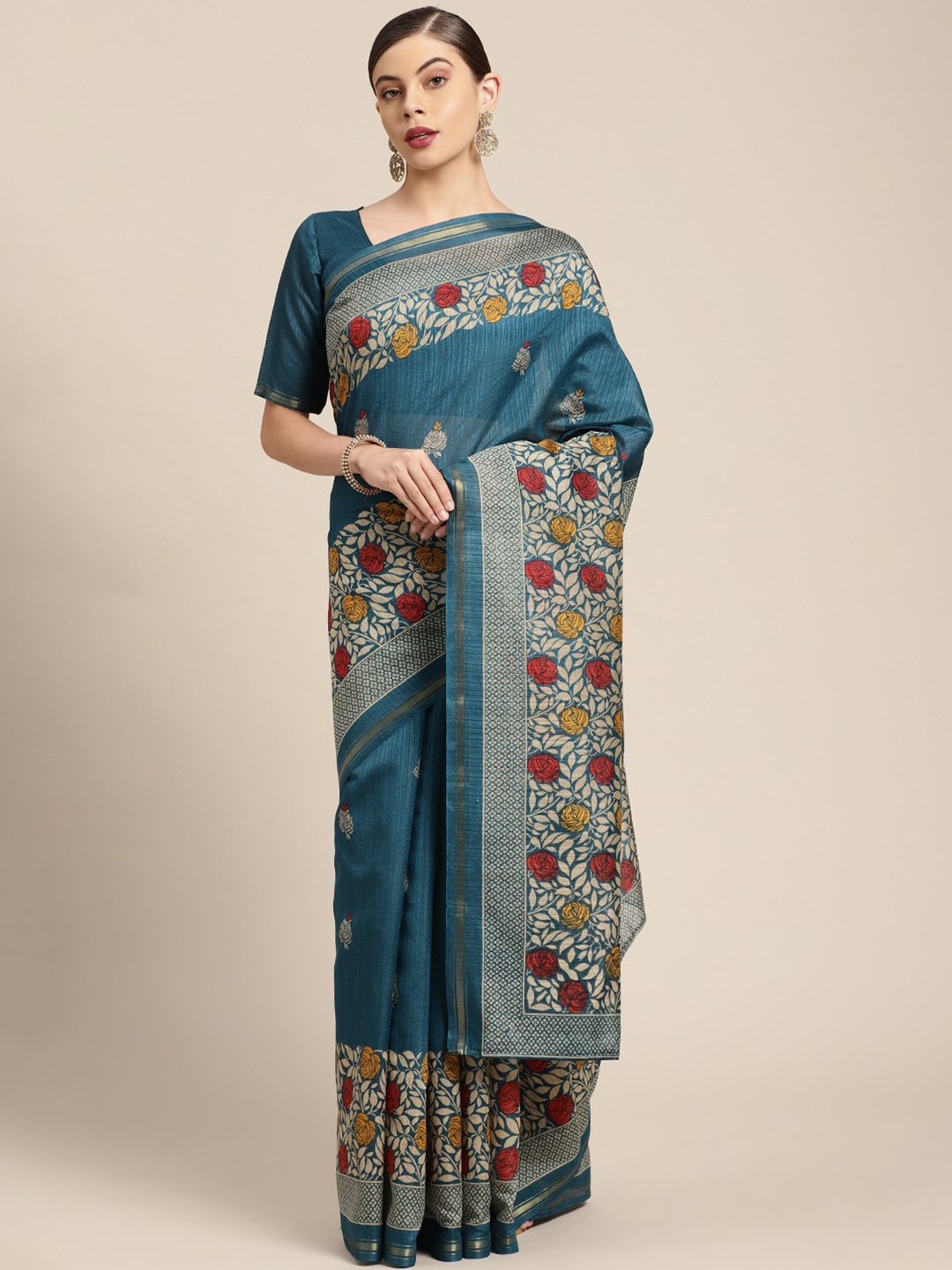 

HRITIKA Teal Blue Block print Art Silk Saree