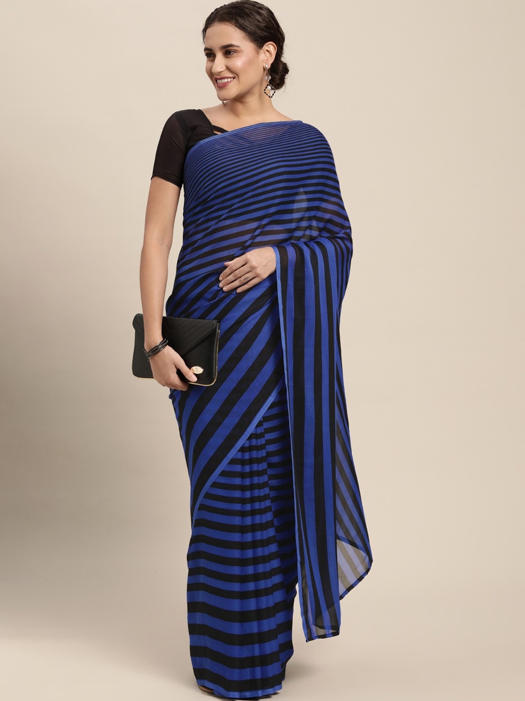 

HRITIKA Blue Printed Striped Saree