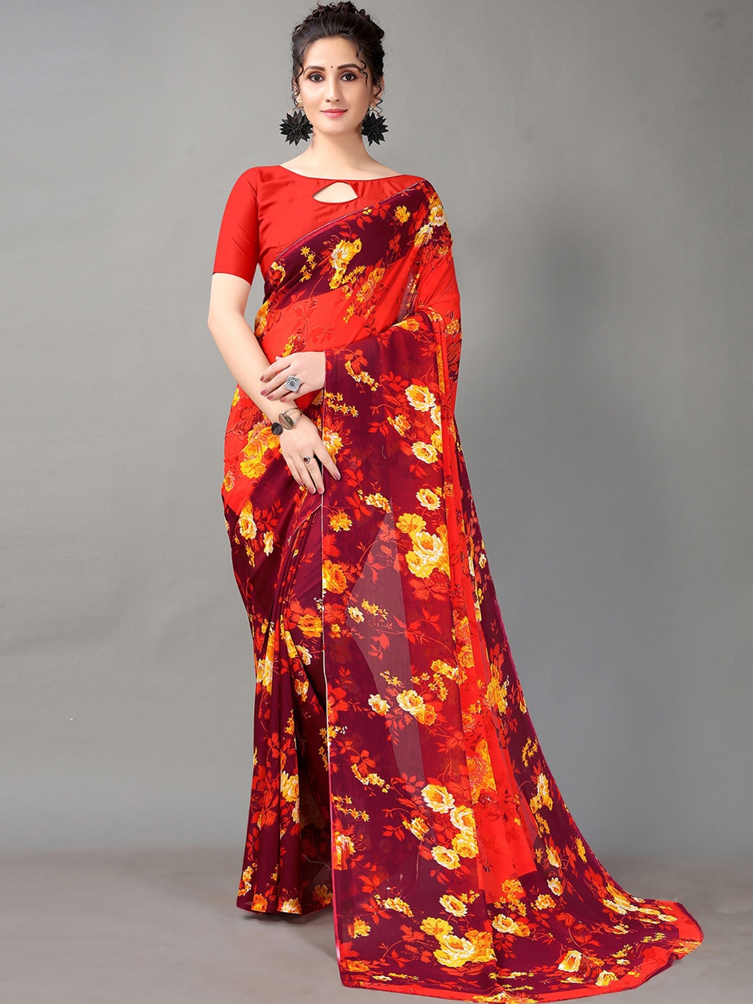 

HRITIKA Floral Printed Sarees, Maroon
