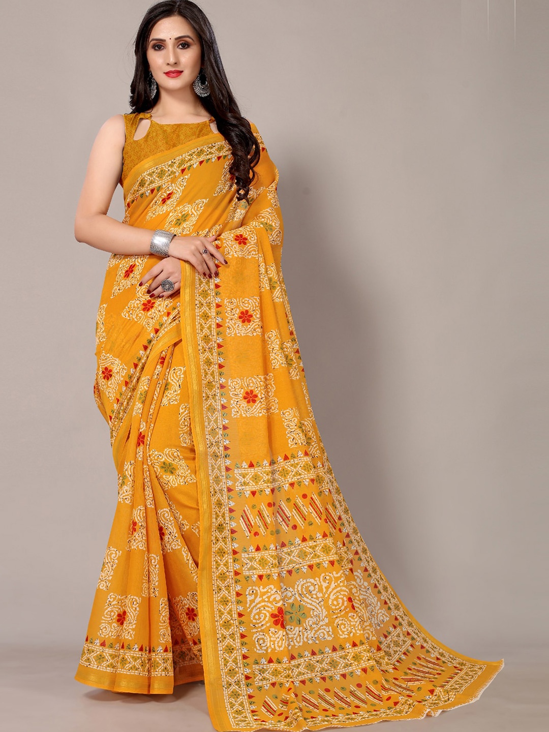 

HRITIKA Ethnic Motifs Block print Saree, Mustard