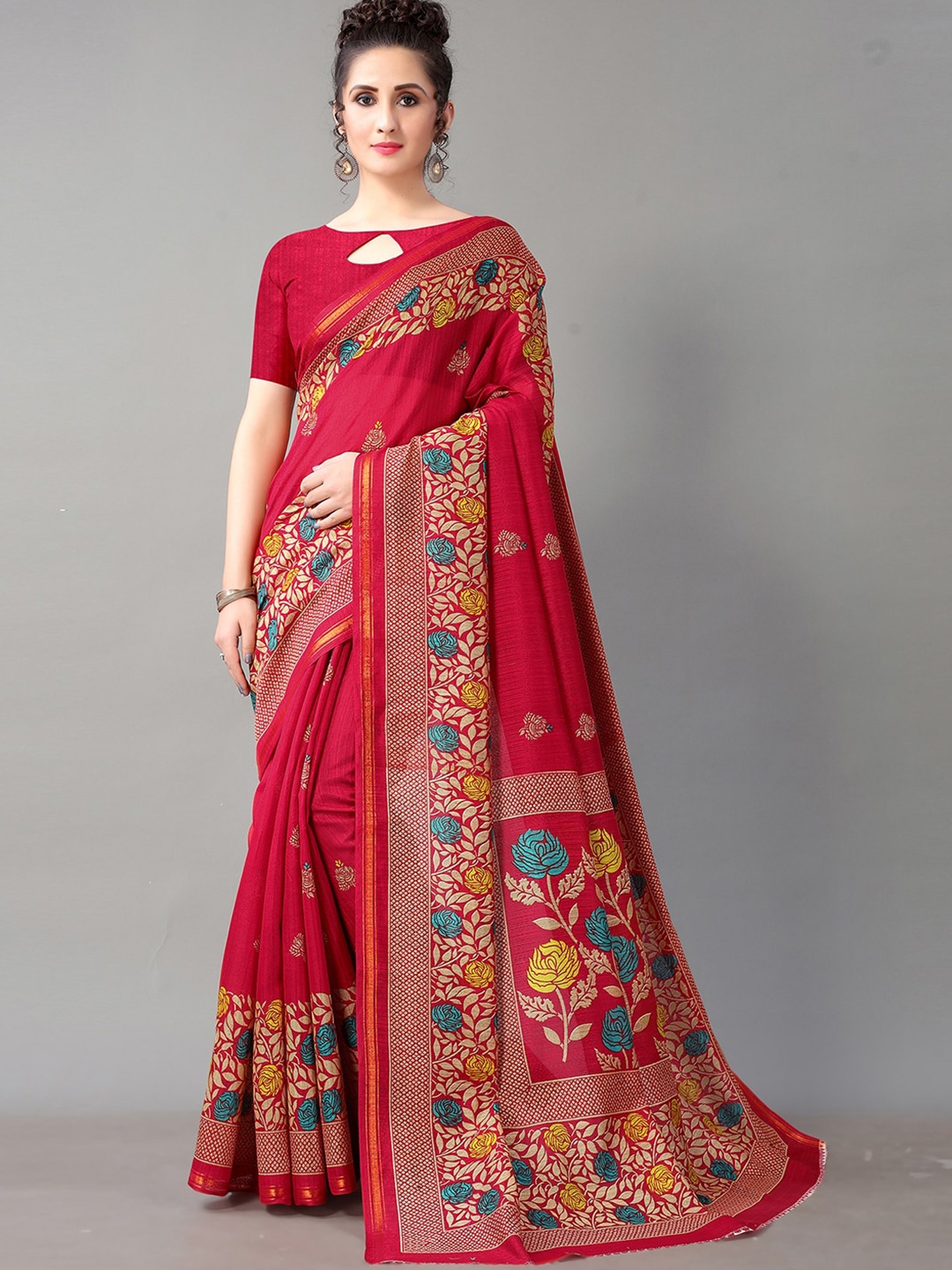 

HRITIKA Red and Blue Ethnic Block print Art Silk Saree
