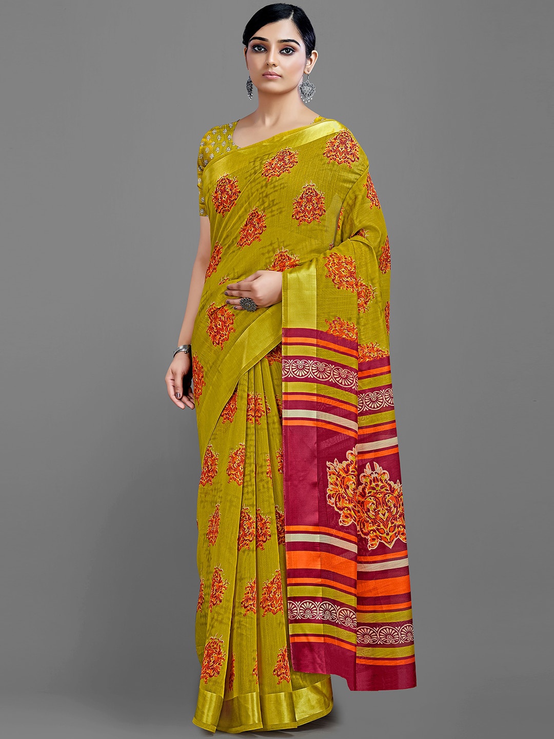 

HRITIKA Ethnic Motifs Block print Saree, Mustard