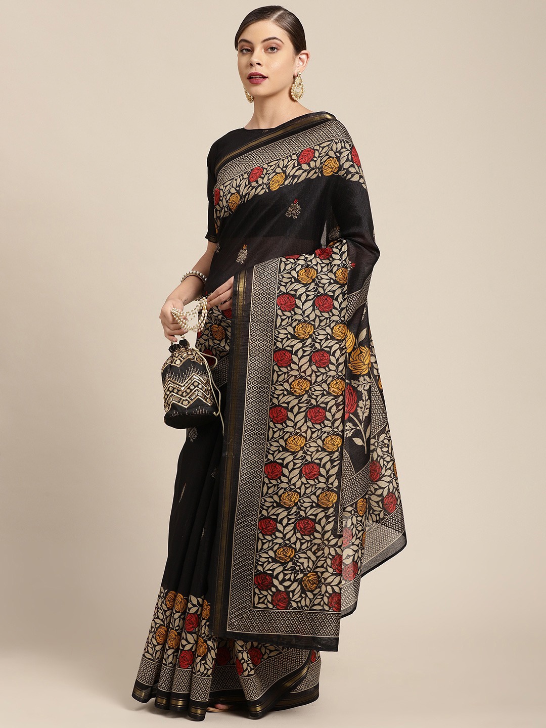 

HRITIKA Floral Block print Art Silk Sarees, Black