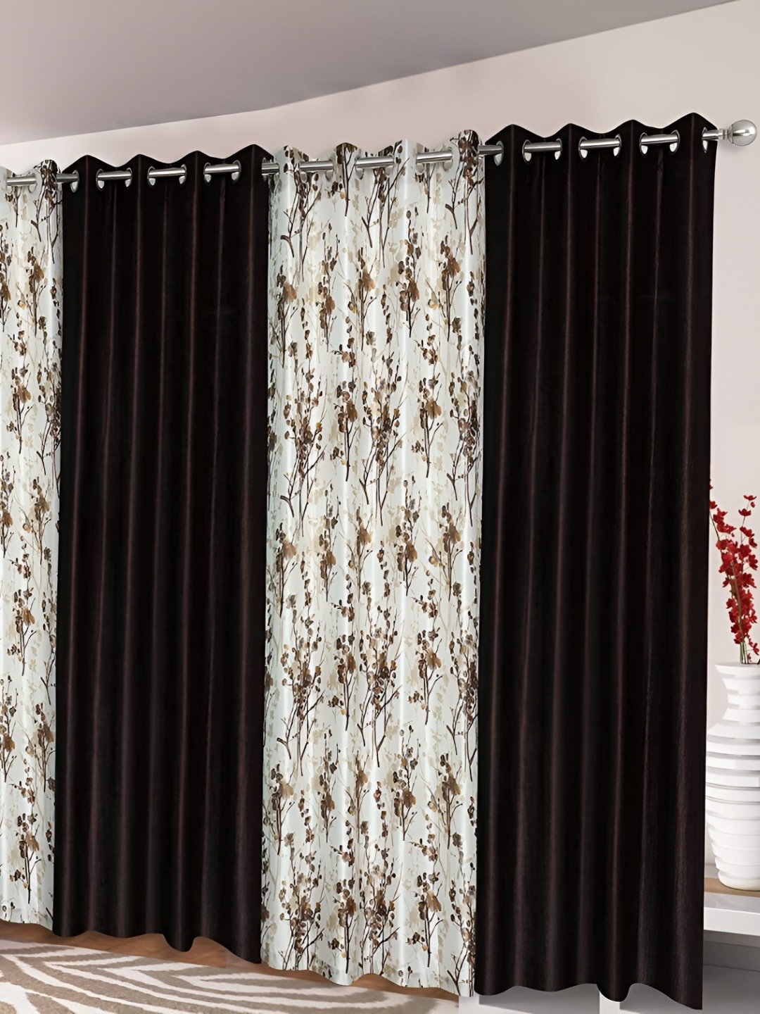 

Ultica Fab Brown & White 4 Pieces Floral Printed Room Darkening Door Curtains