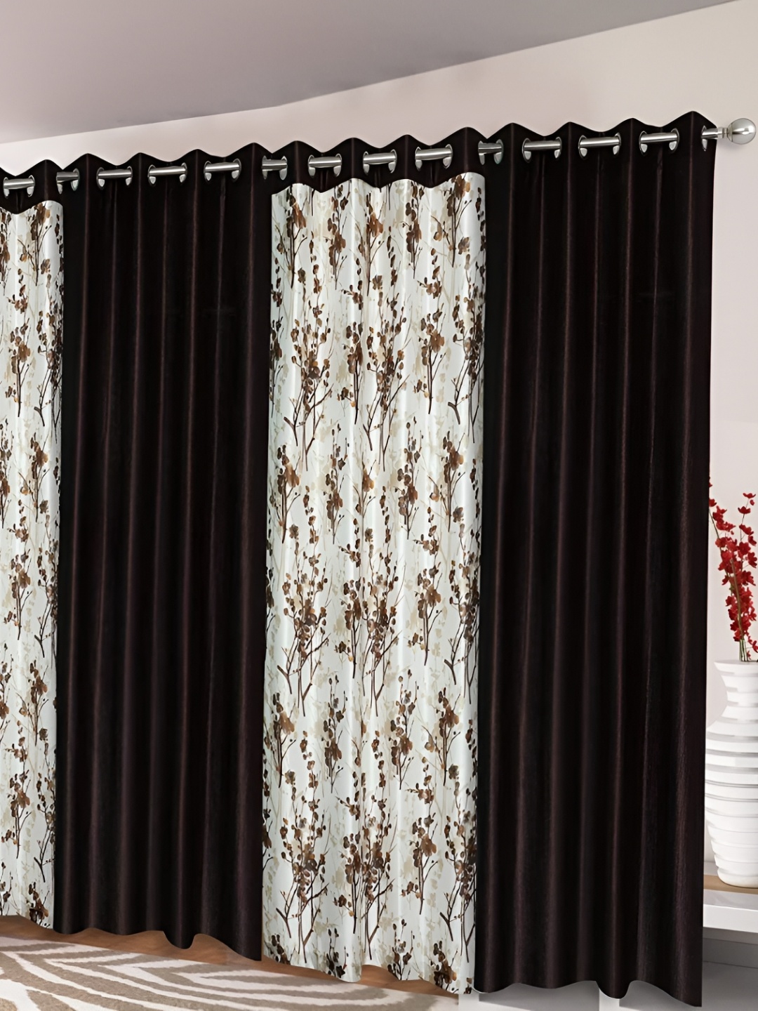 

Ultica Fab Brown & White 4 Pieces Floral Printed Room Darkening Window Curtains