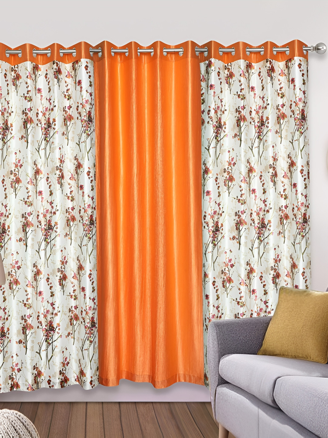 

Ultica Fab Orange & White 3 Pieces Floral Printed Room Darkening Door Curtains