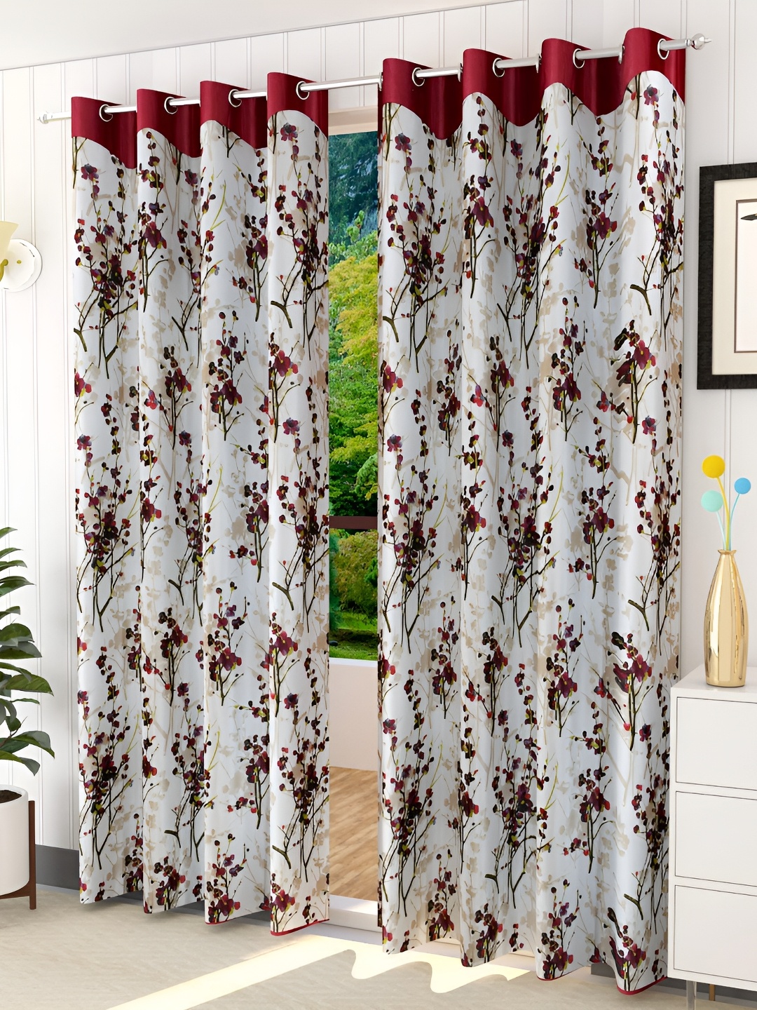 

Ultica Fab Maroon & White 3 Pieces Floral Printed Room Darkening Long Door Curtains