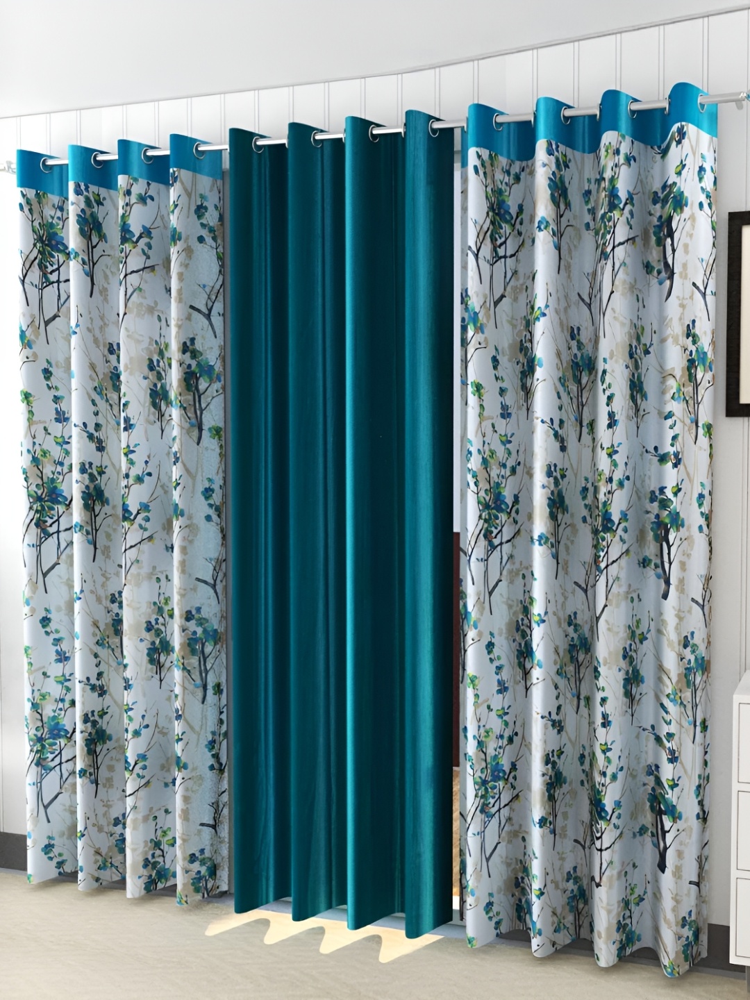 

Ultica Fab Blue & White 3 Pieces Floral Printed Room Darkening Door Curtains