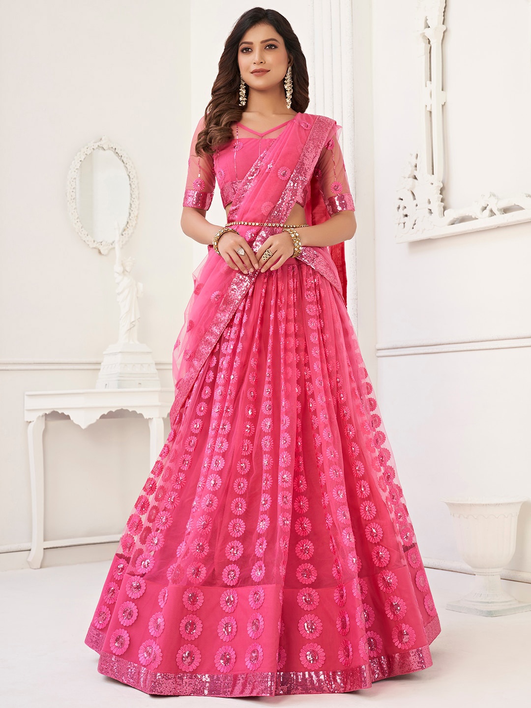 

FABPIXEL Ethnic Motif Embroidered Semi-Stitched Lehenga & Unstitched Blouse With Dupatta, Pink