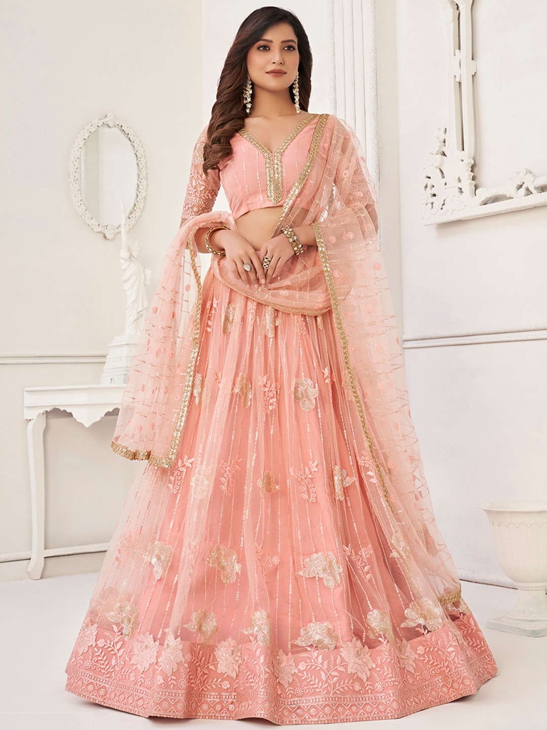 

FABPIXEL Embellished Sequined Net Semi-Stitched Lehenga & Unstitched Blouse With Dupatta, Peach