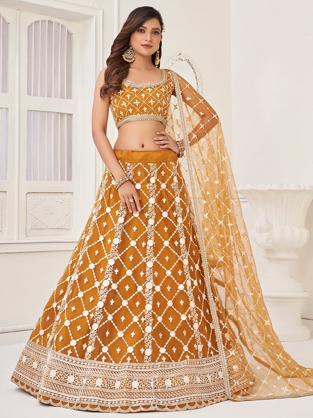 

FABPIXEL Embellished Sequined Net Semi-Stitched Lehenga & Unstitched Blouse With Dupatta, Brown