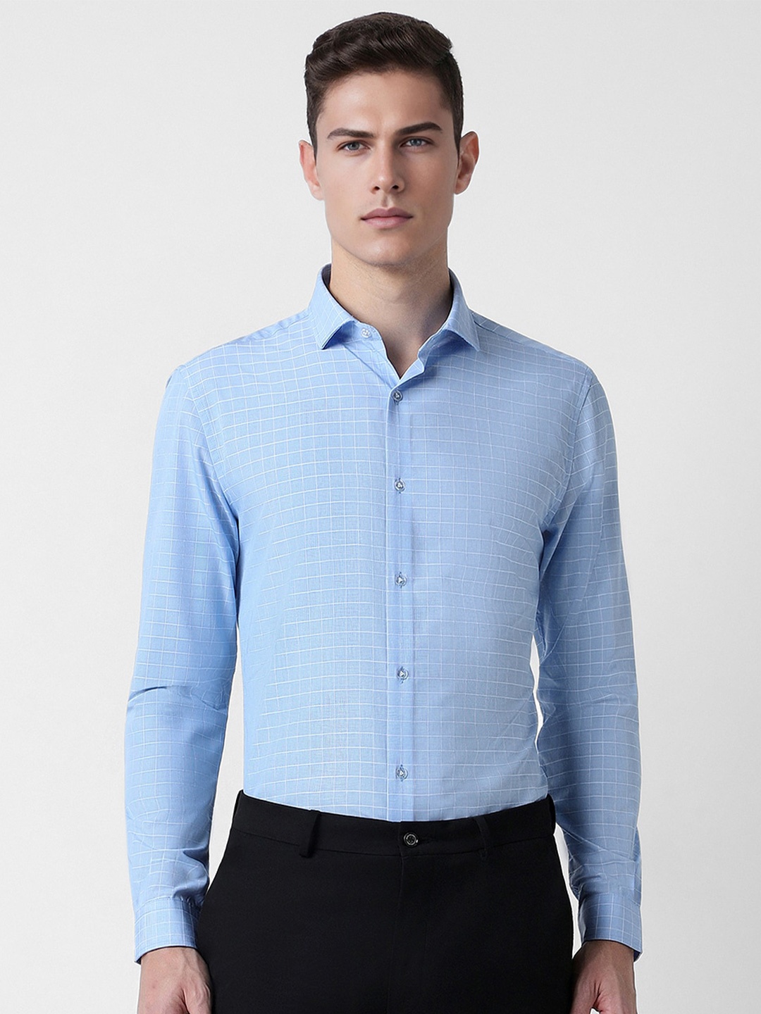

Peter England Checked Cutaway Collar Long Sleeves Formal Shirt, Blue