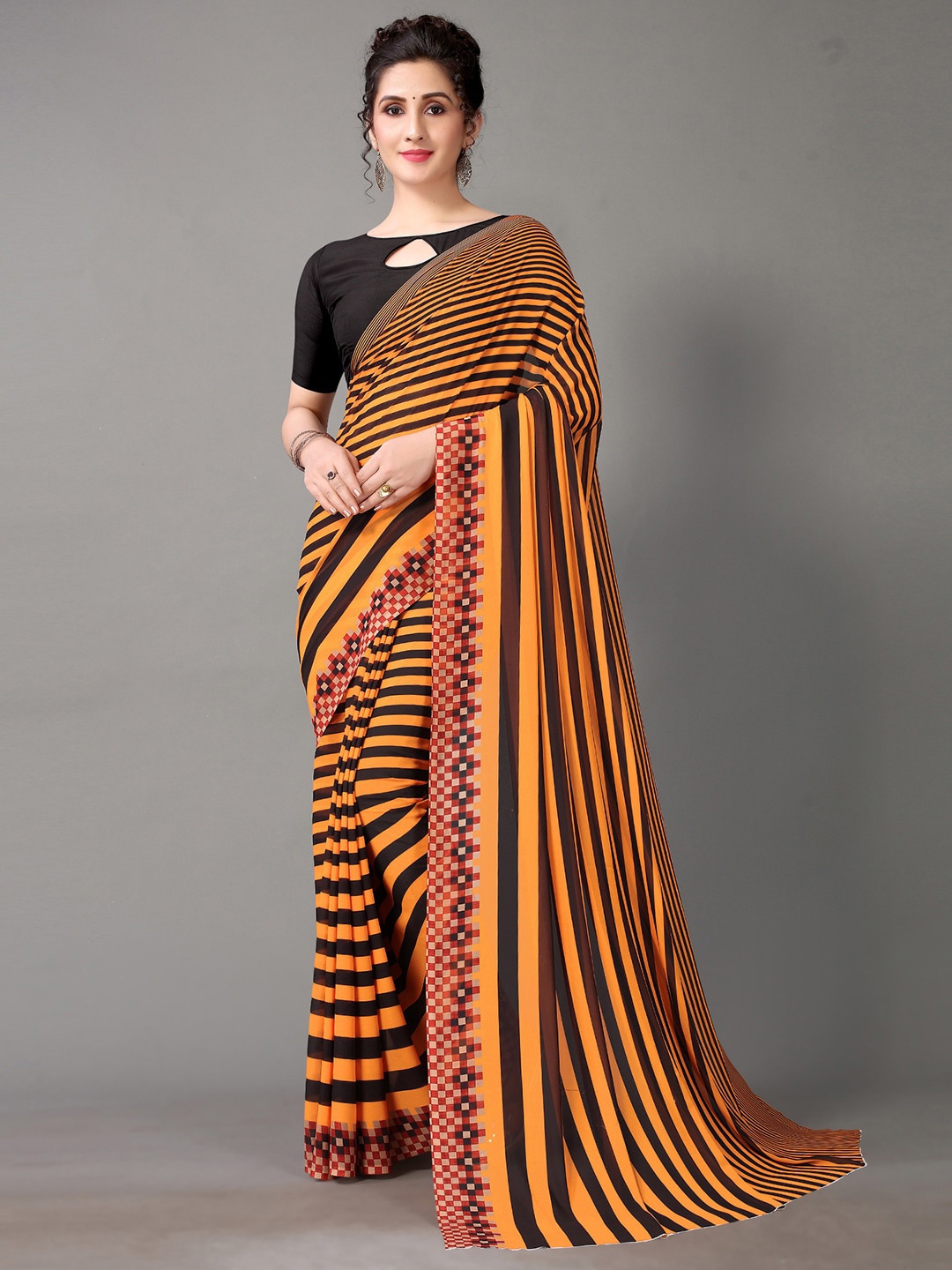 

HRITIKA Orange and Black Ethnic Striped Saree