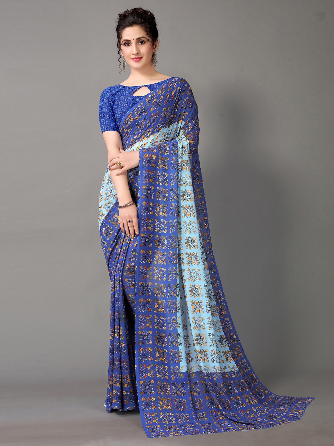 

HRITIKA Floral Printed Saree, Blue