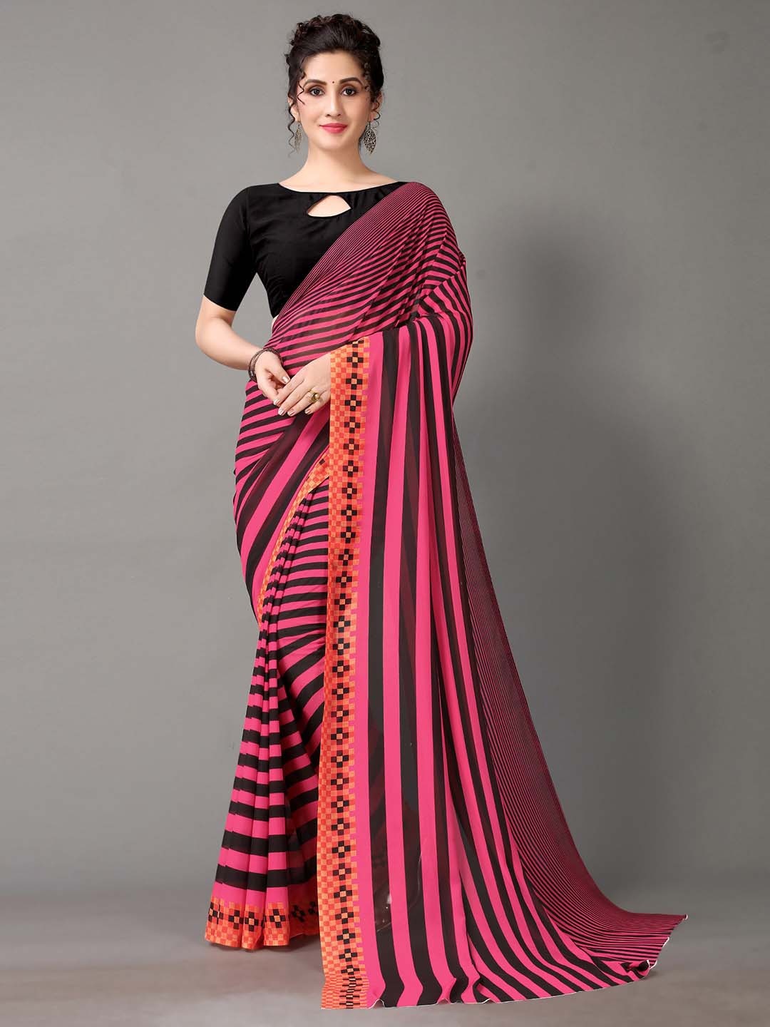 

HRITIKA Striped Saree, Pink