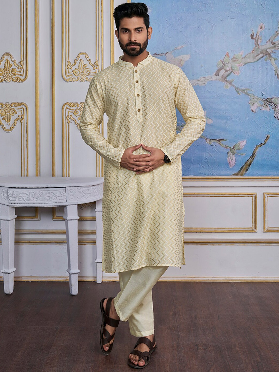 

Inddus Cream Geometric Printed Mandarin Collar Cotton Straight Kurta