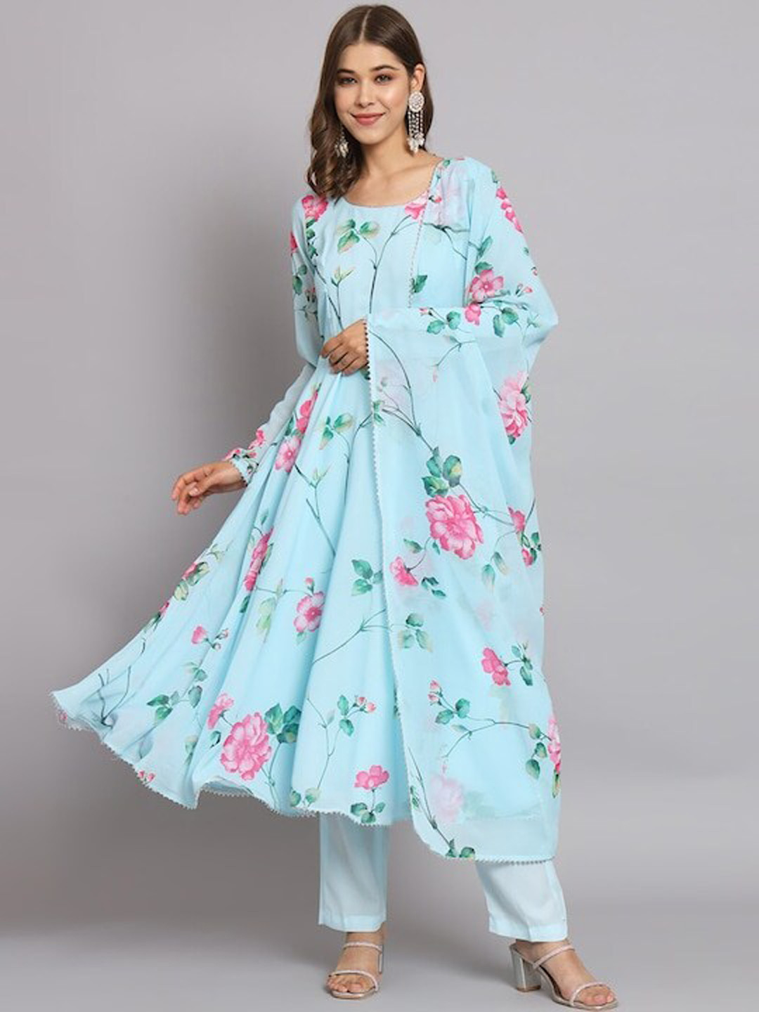 

KALINI Floral Printed Georgette Round Neck Anarkali Kurta With Dupatta, Blue