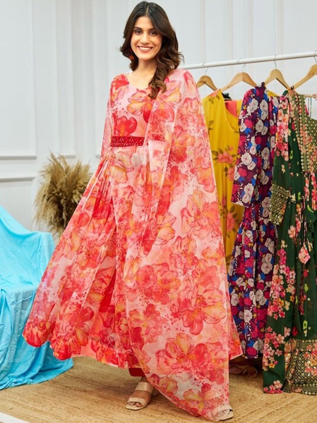 

KALINI Floral Printed Anarkali Gown with Dupatta, Orange