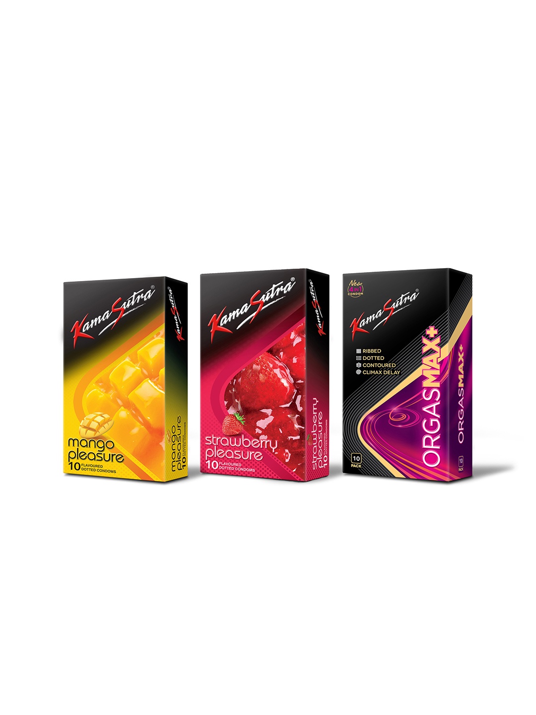 

KamaSutra Set of 3 Condoms - 10 Pcs each - Strawberry Pleasure + Orgasmax + Mango Pleasure, Black