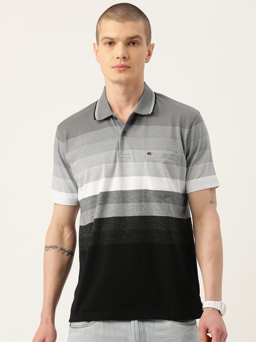 

Monte Carlo Striped Polo Collar Pure Cotton T-shirt, Grey