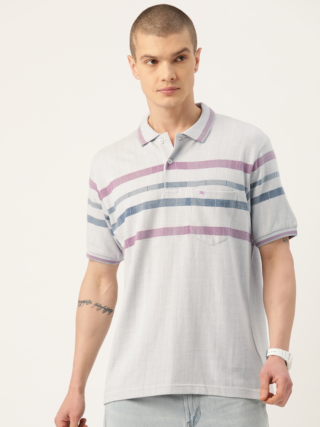 

Monte Carlo Striped Polo Collar Pure Cotton T-shirt, Grey